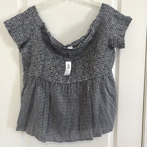 Old Navy Button Off The Shoulder Smocked Blouse Peasant Top Blue Plaid Size XXL - Picture 4 of 7